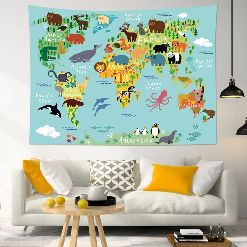 LB World Map Tapestry Wall Hanging Various Cartoon Animals Tapestrise World Distribution Map Wall Decor Blanket for Kids Bedroom Living Room Dorm Decor, 60Wx40H inches - Image 4